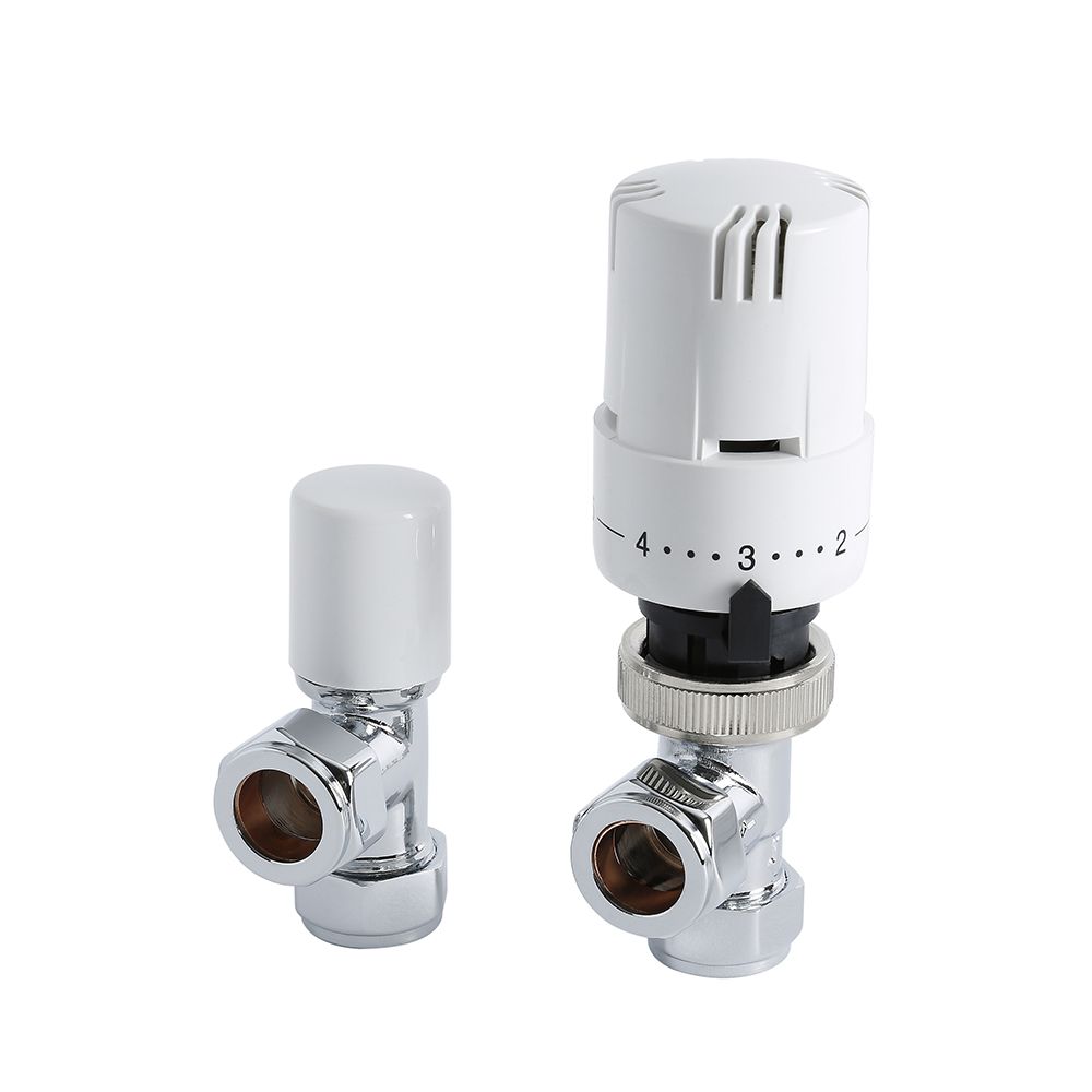 White Thermostatic Control Angled Designer Radiator Valves Pair 15mm