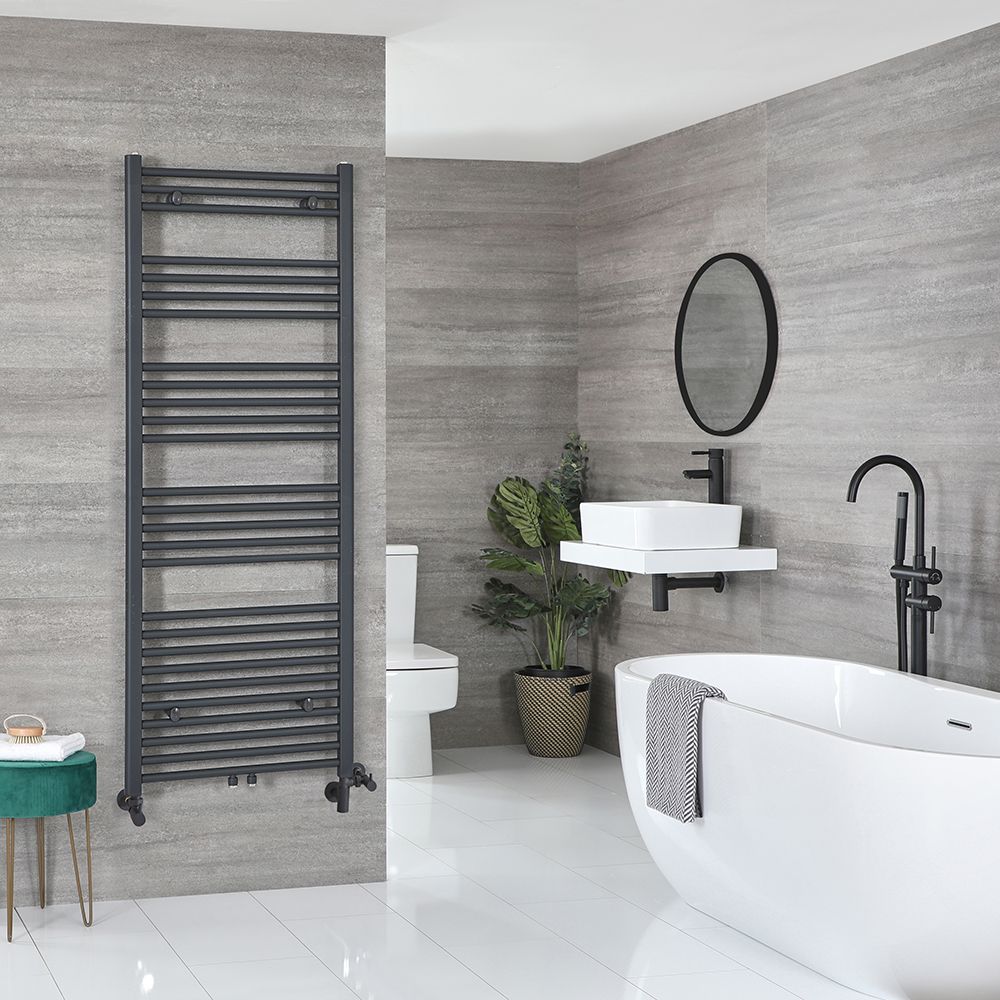Matte Anthracite Curved Ladder Heated Towel Rails 1600mm x 600mm Dual Fuel Thermostatic 5 Year Guarantee 