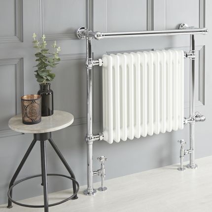 Milano Elizabeth - White Traditional Dual Fuel Heated Towel Rail - 930mm x 790mm (With Overhanging Rail) - Choice of Wi-Fi Thermostat and Cable Cover