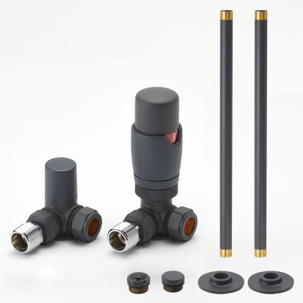 Milano - Modern Corner Thermostatic Radiator Valve and Pipe Set - Anthracite