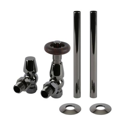 Milano Windsor - Traditional Thermostatic Angled Radiator Valve and Pipe Set - Black Nickel