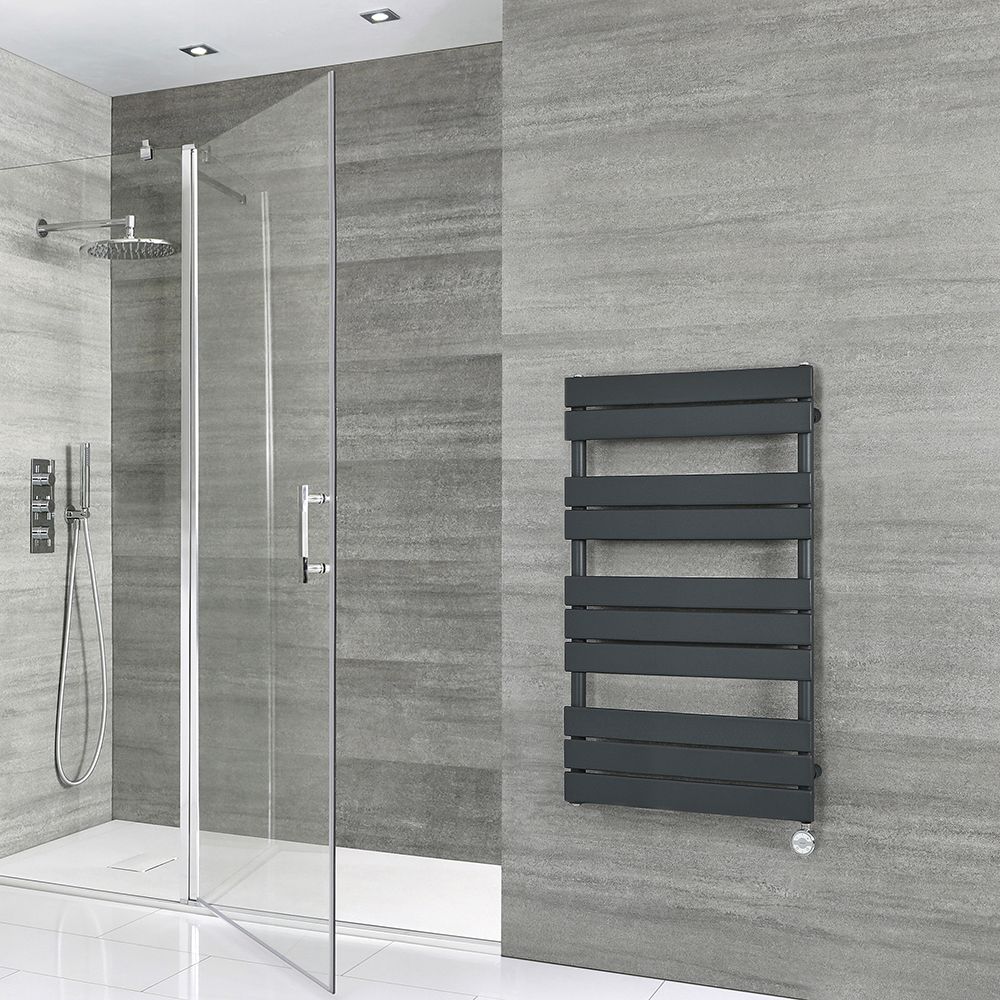 Milano Lustro Electric - Designer Anthracite Flat Panel Heated Towel Rail - 975mm x 600mm