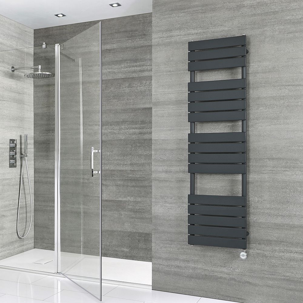 Milano Lustro Electric - Designer Anthracite Flat Panel Heated Towel Rail - 1500mm x 450mm