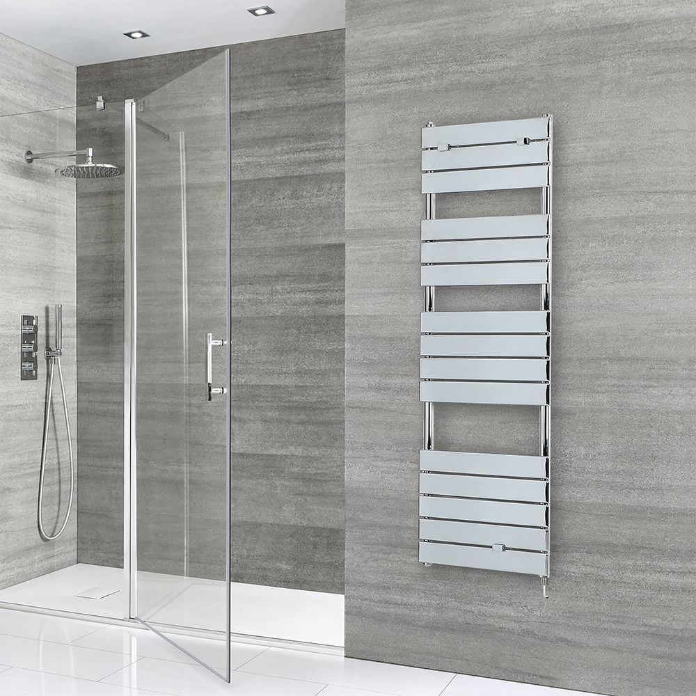 Milano Lustro Electric - Designer Chrome Flat Panel Heated Towel Rail - Choice of Size, Heating Element and Cable Cover
