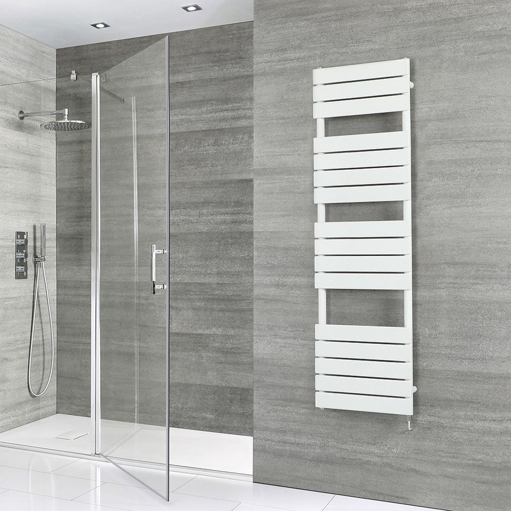 Milano Lustro Electric - Designer White Flat Panel Heated Towel Rail - Choice of Size, Heating Element and Cable Cover