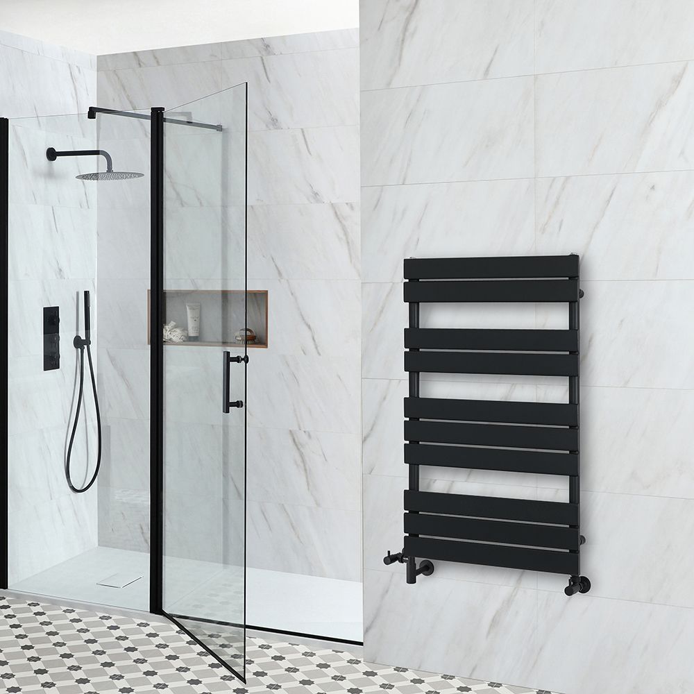 Milano Lustro Dual Fuel - Designer Black Flat Panel Heated Towel Rail - 975mm x 600mm