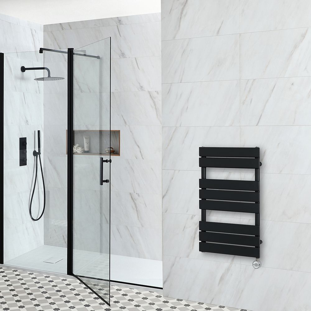 Milano Lustro Electric - Designer Black Flat Panel Heated Towel Rail - 825mm x 450mm