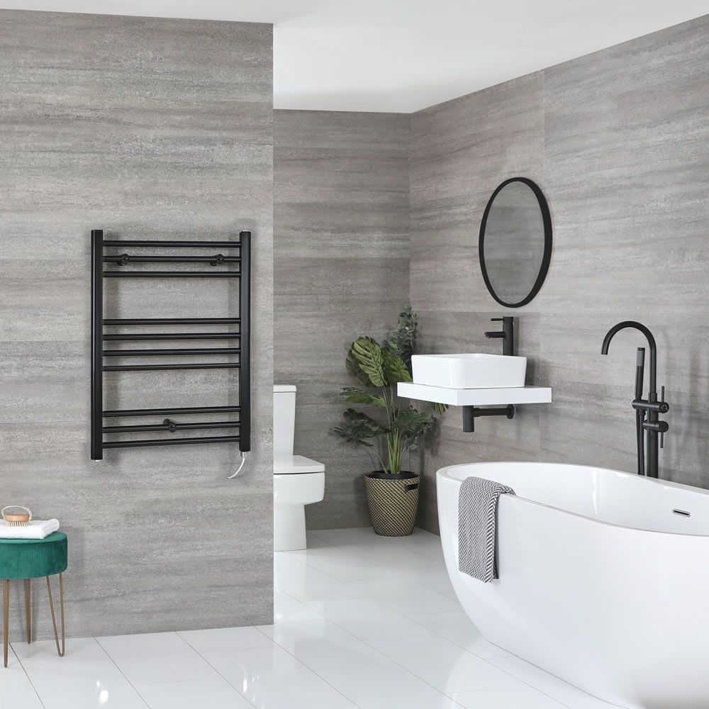 700 mm Wide Electric Heated Towel Rail Radiator  Black Matt Flat Design Bathroom 