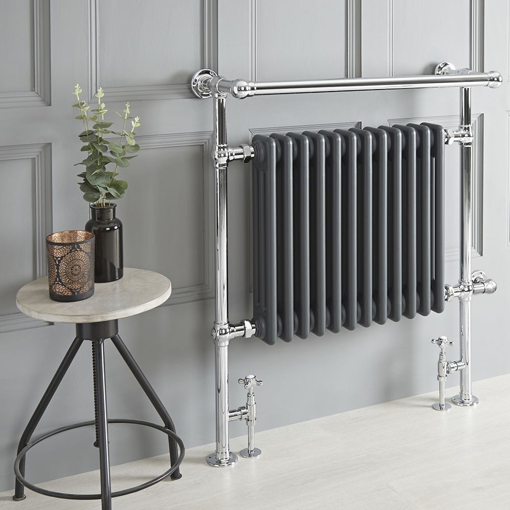Milano Elizabeth - Anthracite Traditional Dual Fuel Heated Towel Rail - 930mm x 790mm (With Overhanging Rail) - Choice of Wi-Fi Thermostat and Cable Cover