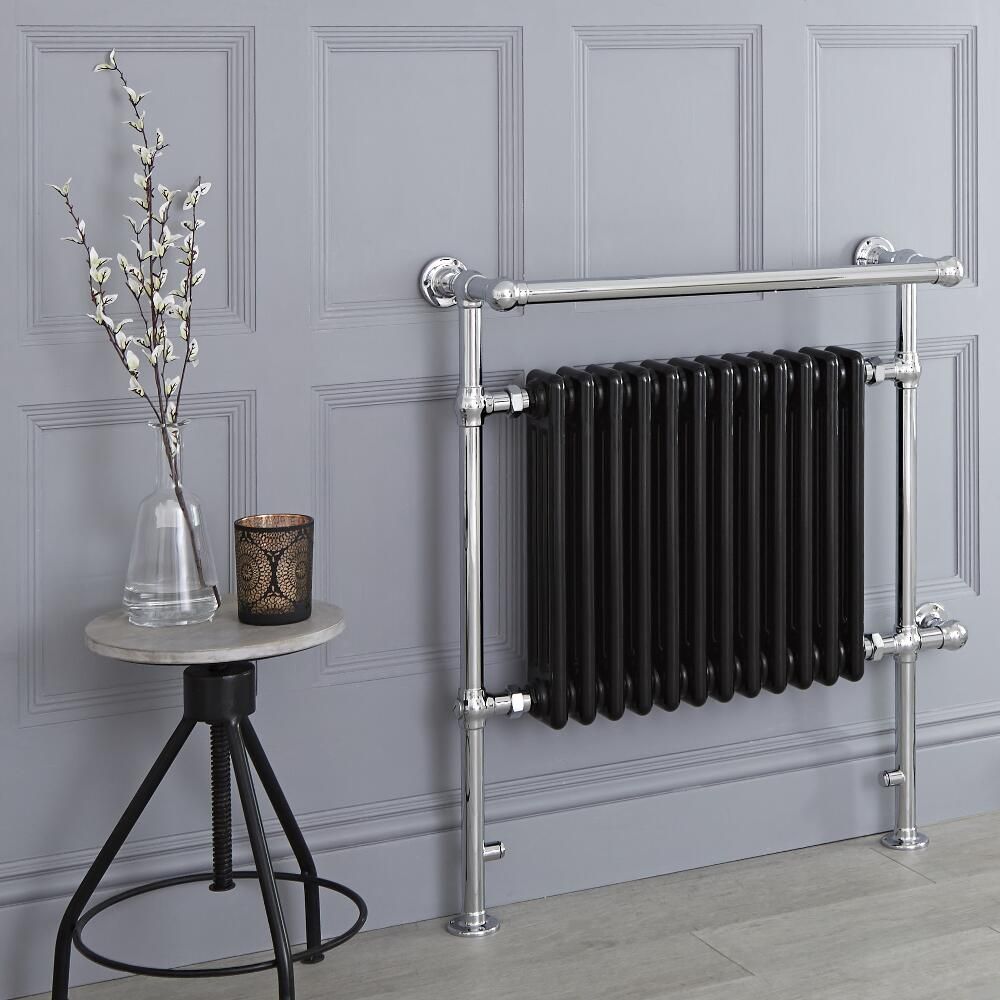 Milano Elizabeth - Black and Chrome Traditional Electric Heated Towel Rail - 930mm x 790mm (With Overhanging Rail)