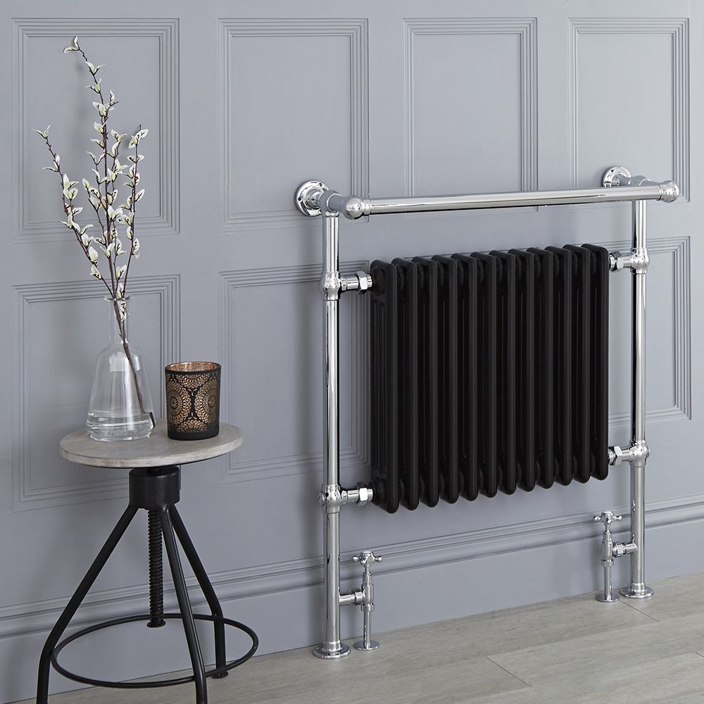 Milano Elizabeth - Black Traditional Heated Towel Rail - 930mm x 790mm (With Overhanging Rail)