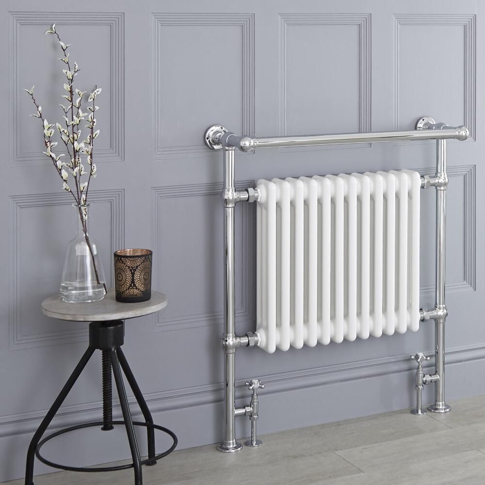 Milano Elizabeth - White and Chrome Traditional Heated Towel Rail - 930mm x 790mm (With Overhanging Rail)