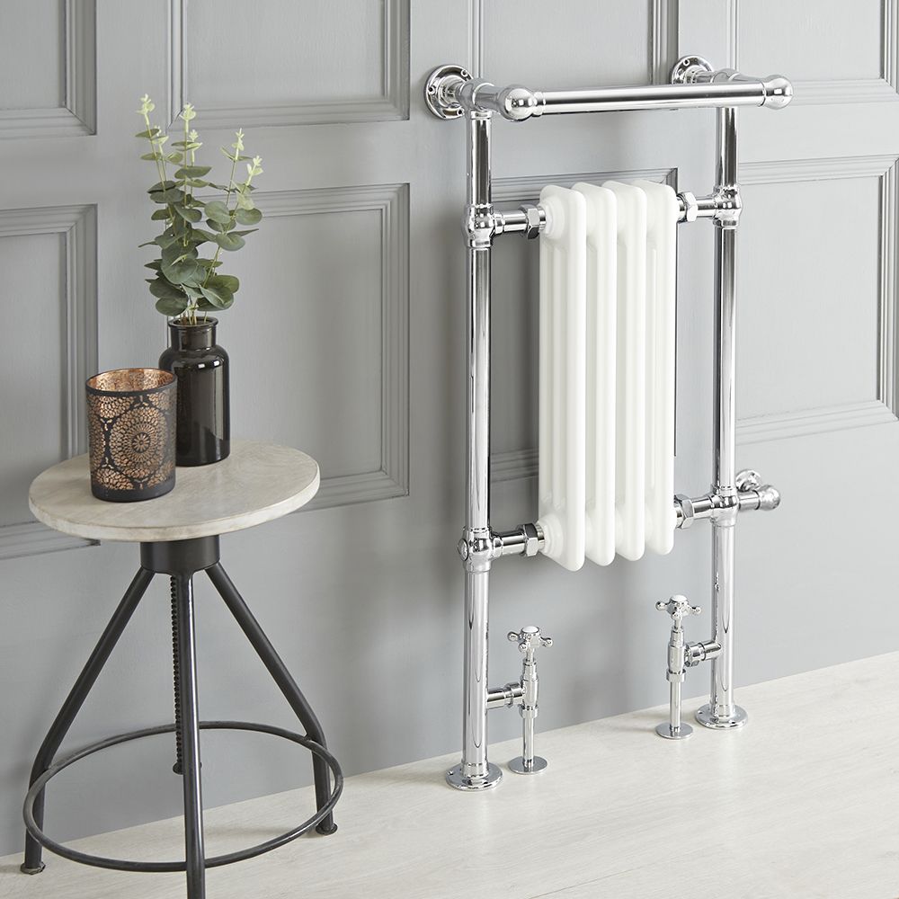 Milano Elizabeth - White Traditional Dual Fuel Heated Towel Rail - 930mm x 450mm (With Overhanging Rail) - Choice of Wi-Fi Thermostat and Cable Cover