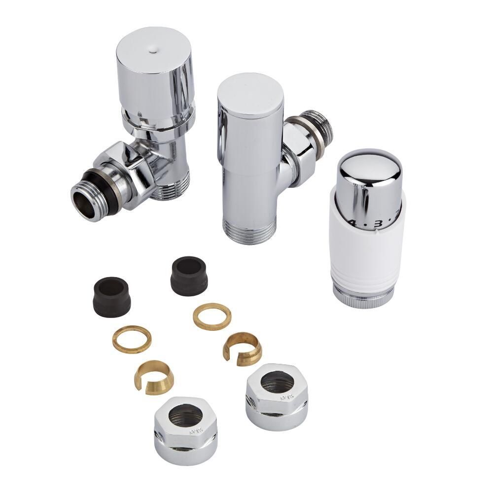 Chrome Radiator Valve with White TRV & 15mm Copper Adapters