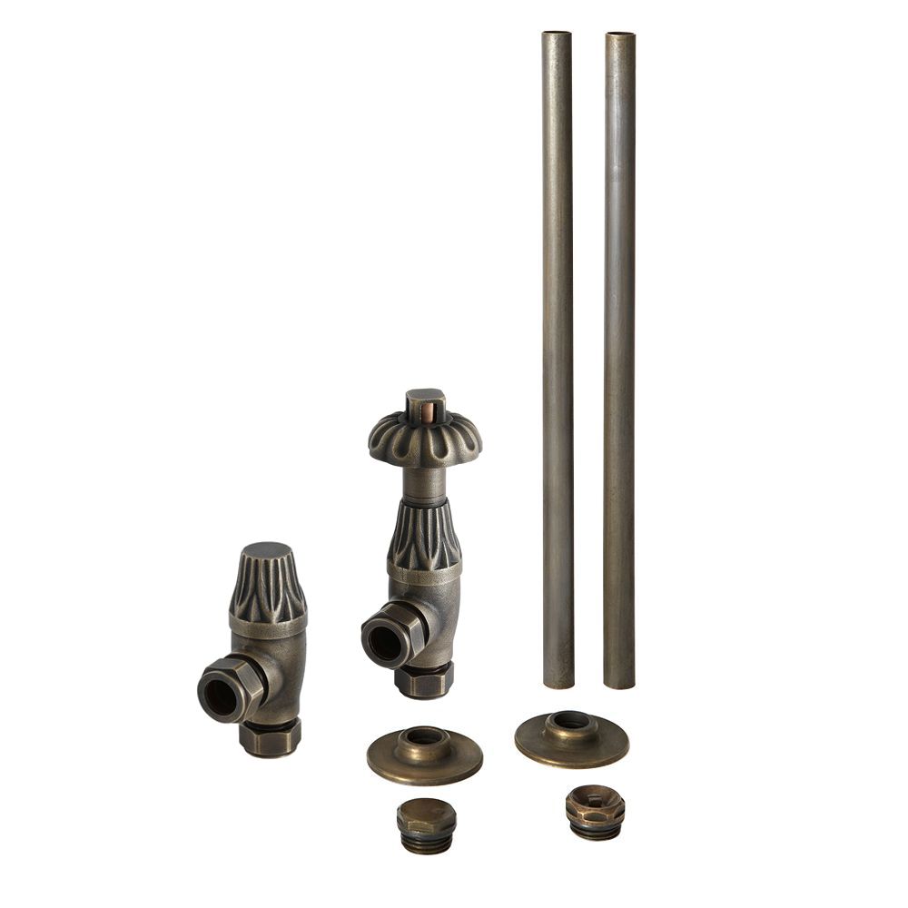 Milano Windsor - Thermostatic Antique Style Angled Radiator Valve and Pipe Set - Aged Bronze