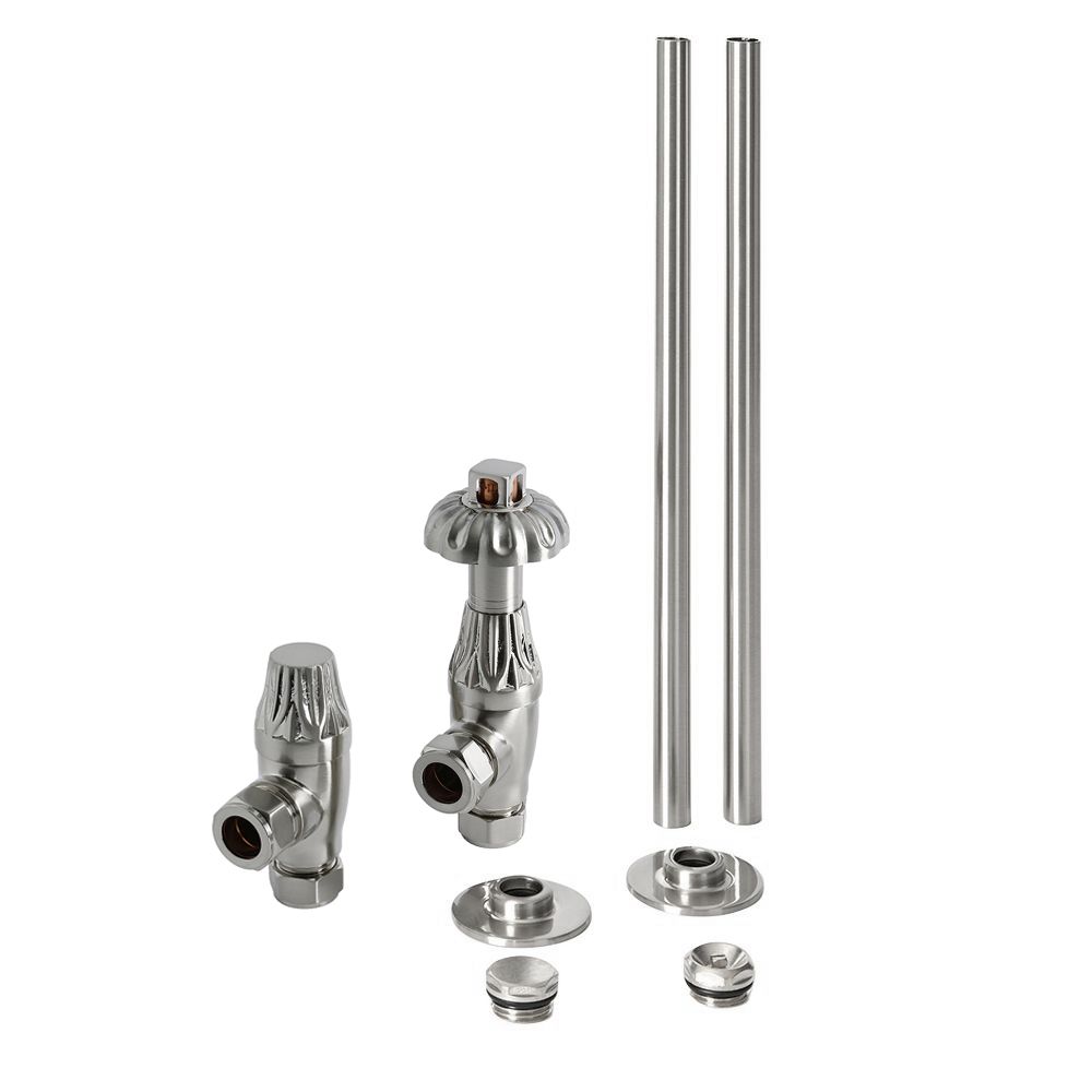 Milano Windsor - Thermostatic Antique Style Angled Radiator Valve and Pipe Set - Satin