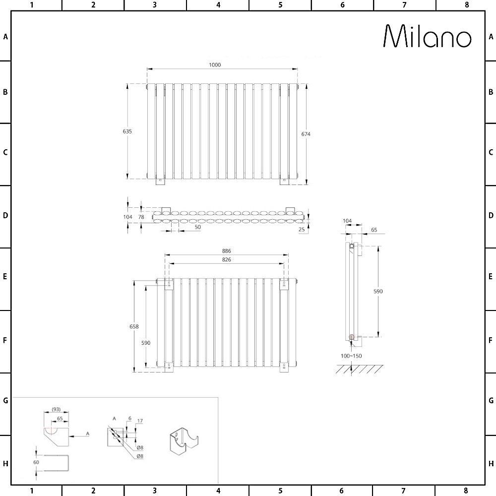 Anthracite 635 x 1000mm Milano Aruba Horizontal Oval Column Designer Radiator