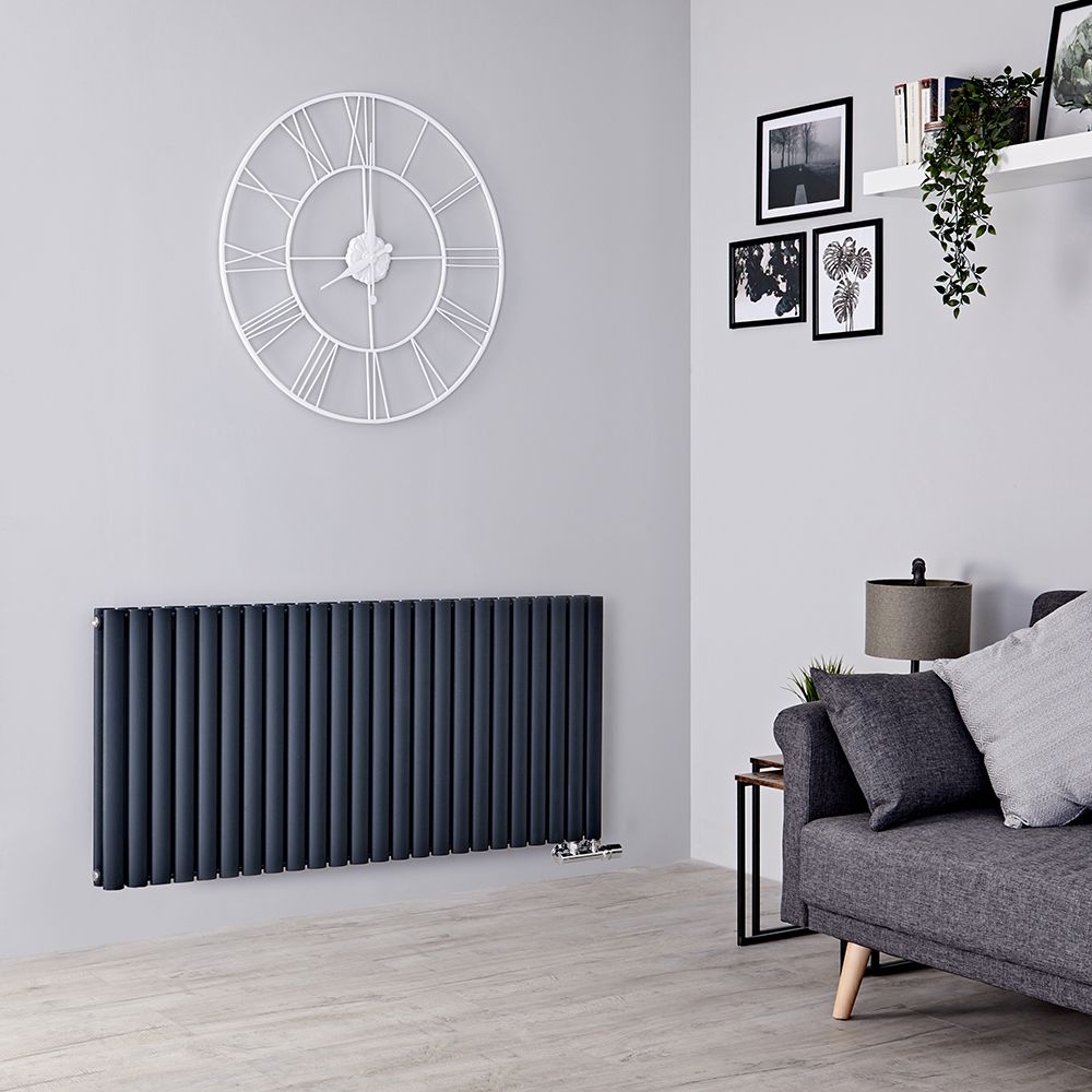 Milano Aruba Flow - Anthracite Horizontal Double Panel Side Connection Designer Radiator 635mm x 1416mm