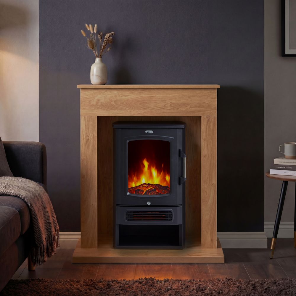 ECOSO Firenze - Modern Black Electric Stove with Fireplace Surround - Choice of Finish