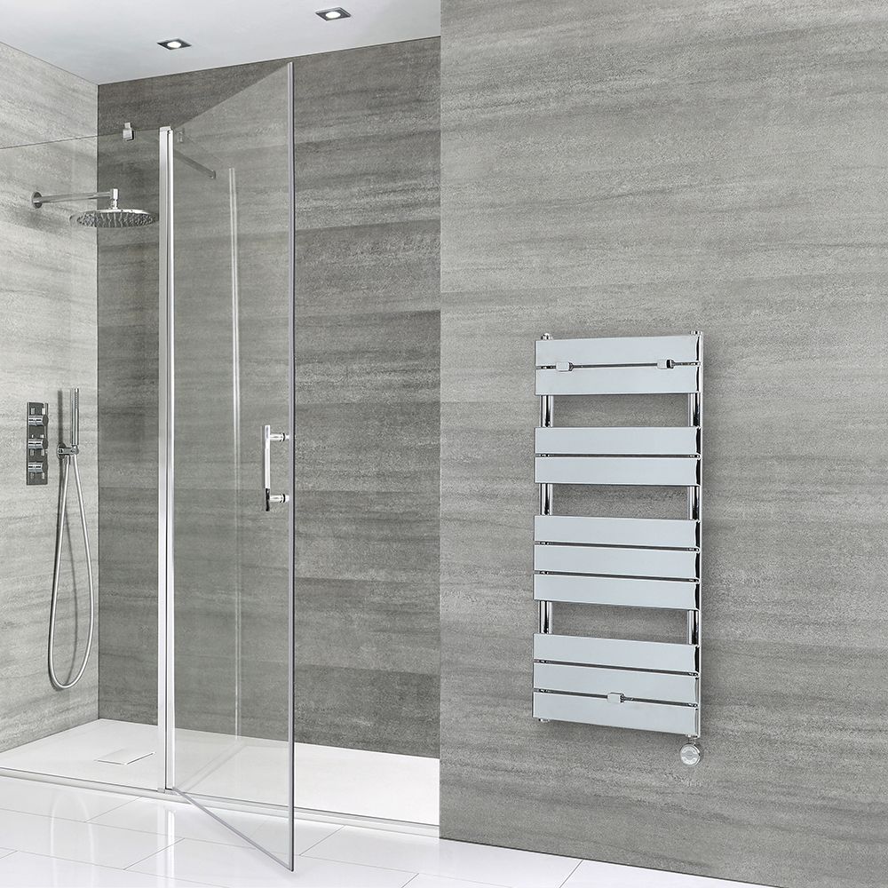 Milano x ECOSO Electric Lustro - Designer Chrome Flat Panel Heated Towel Rail - 1000mm x 450mm - with Thermostatic Wi-Fi Heating Element