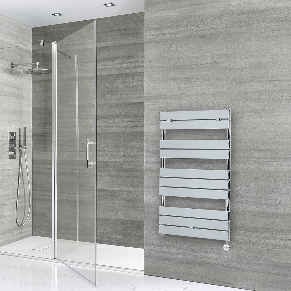 Milano x ECOSO Electric Lustro - Designer Chrome Flat Panel Heated Towel Rail - 1000mm x 600mm - with Thermostatic Wi-Fi Heating Element