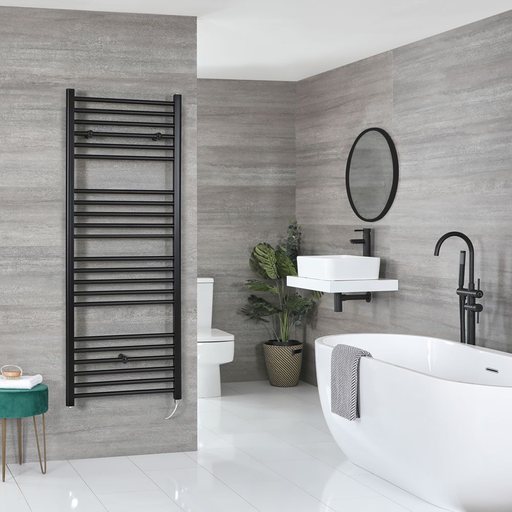 Milano Nero Electric - Straight Matt Black Heated Towel Rail 1600mm x 500mm