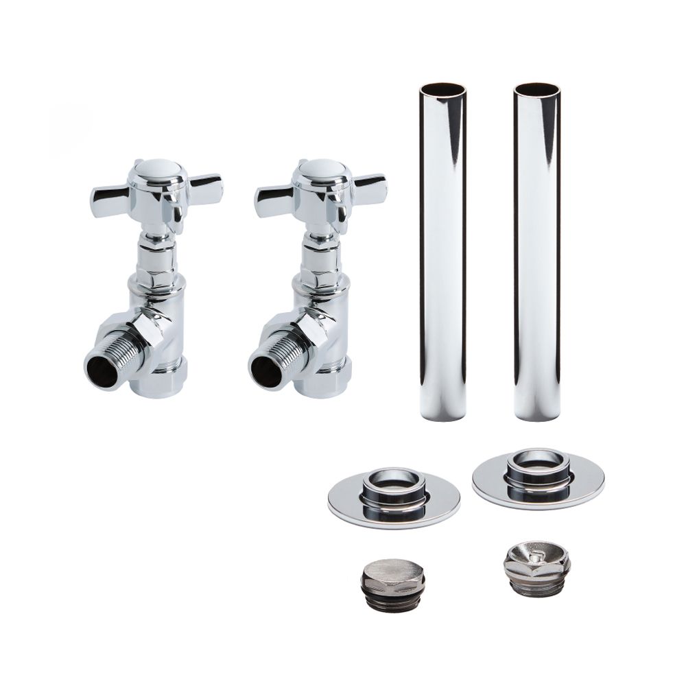 Milano - Angled Traditional  Radiator Valve and Pipe Sleeve Set - Chrome