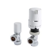 White Thermostatic Control Angled Designer Radiator Valves Pair 15mm