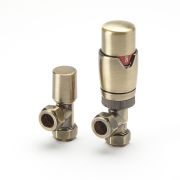 Milano - Modern Brushed Gold Thermostatic Angled Radiator Valve and Lockshield