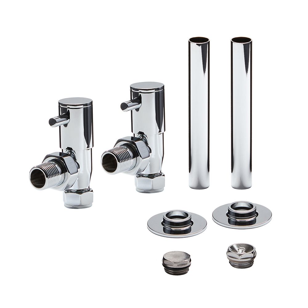 Milano - Minimalist Angled Radiator Valve and Pipe Sleeve Set - Choice of Finish