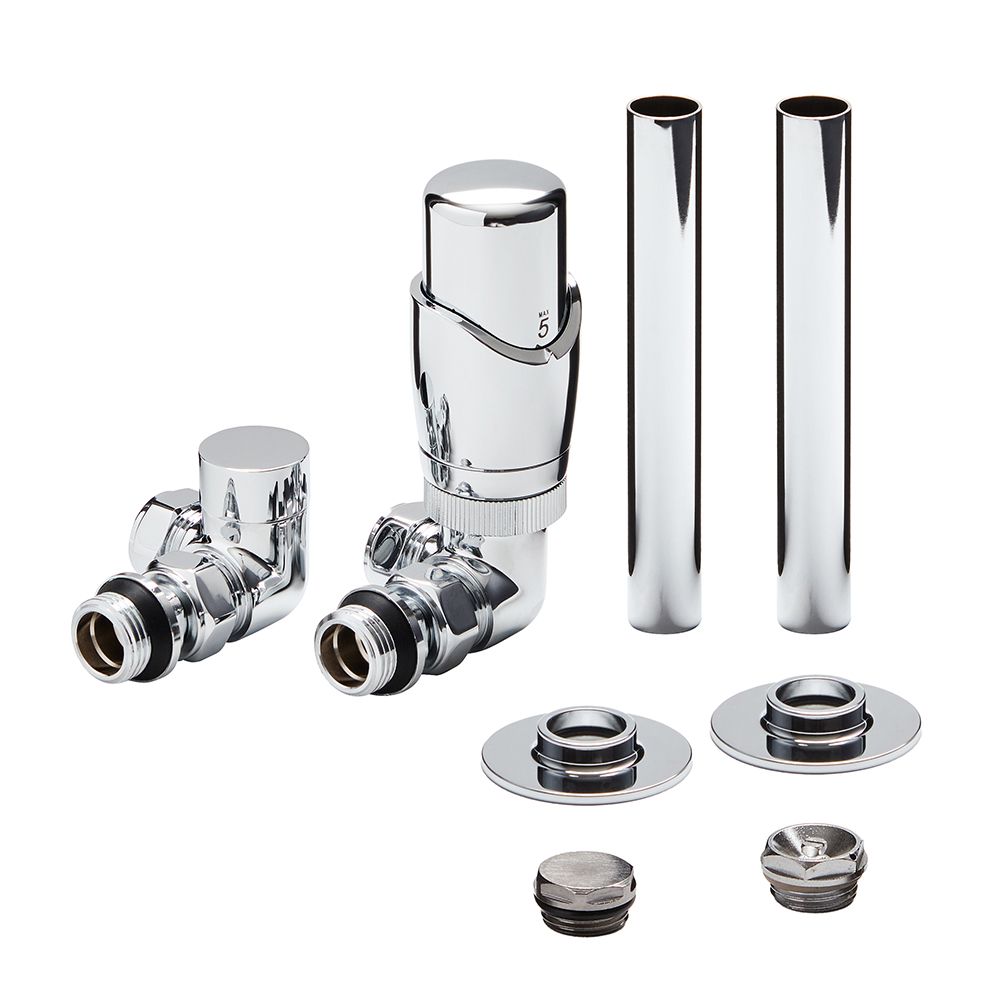 Milano - Thermostatic Corner Radiator Valve and Pipe Sleeve Set - Choice of Finish