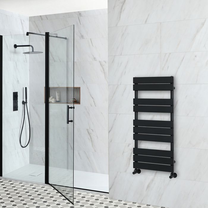 Milano Lustro - Designer Matt Black Flat Panel Heated Towel Rail - 975mm x 450mm