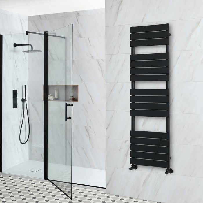 Milano Lustro - Designer Matt Black Flat Panel Heated Towel Rail - 1500mm x 450mm