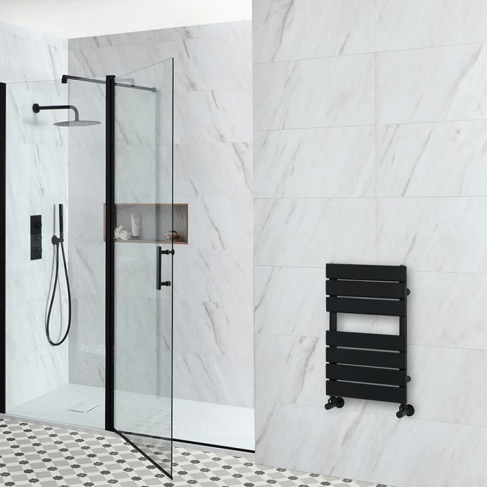 Milano Lustro - Designer Matt Black Flat Panel Heated Towel Rail - 600mm x 400mm