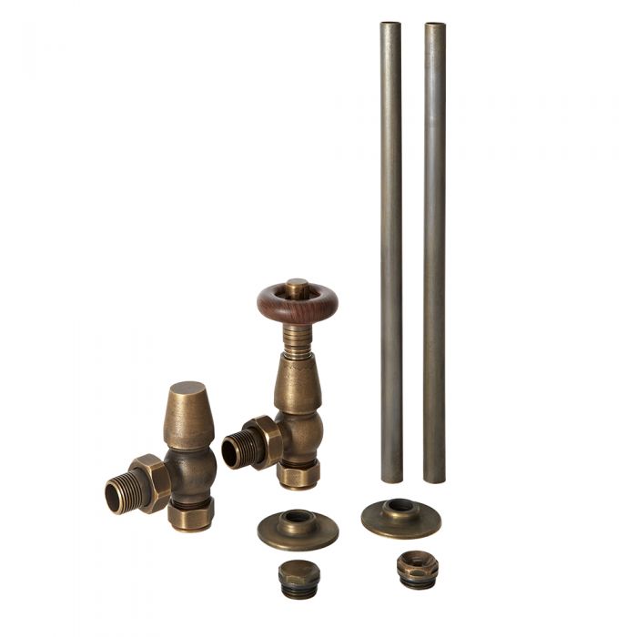 Milano Windsor - Traditional Thermostatic Angled Radiator Valve and Pipe Set Aged Bronze