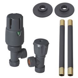 Milano - Modern Anthracite Thermostatic Angled Radiator Valve and Pipe Set