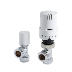 White Thermostatic Control Angled Designer Radiator Valves Pair 15mm