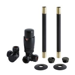 Milano - Modern Corner Thermostatic Radiator Valve and Pipe Set - Black