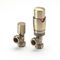 Milano - Modern Brushed Gold Thermostatic Angled Radiator Valve and Lockshield