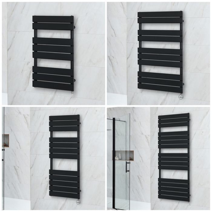 Milano Lustro Electric - Designer Black Flat Panel Heated Towel Rail - Various Sizes and Choice of Heating Element and Cable Cover