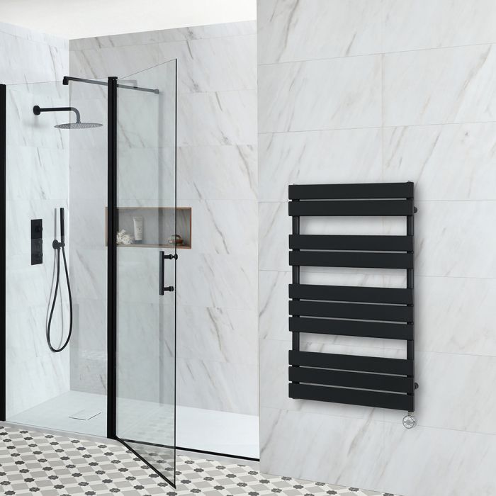 Milano Lustro Electric - Designer Black Flat Panel Heated Towel Rail - 975mm x 600mm