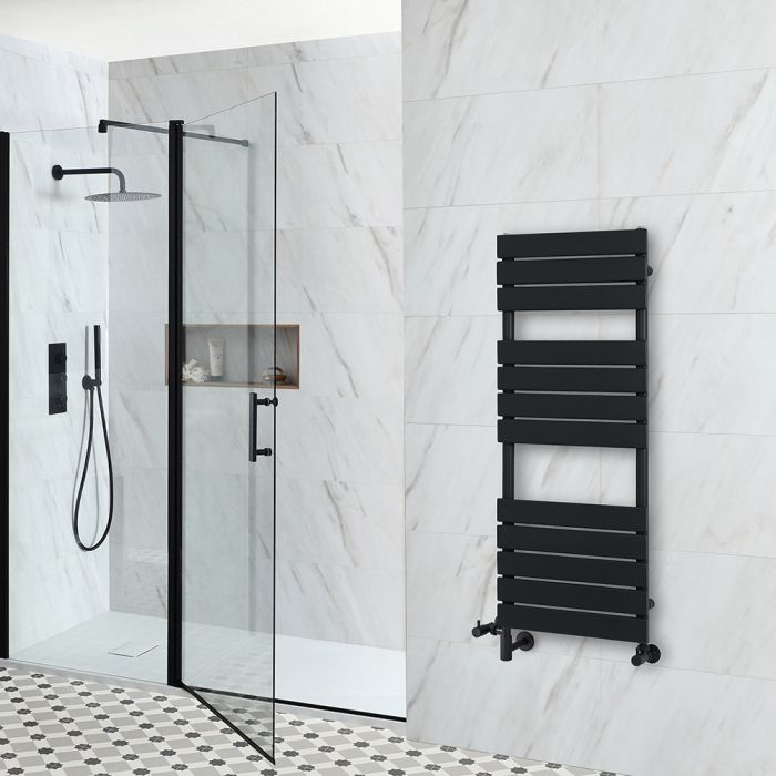 Milano Lustro Dual Fuel - Designer Black Flat Panel Heated Towel Rail - 1200mm x 450mm