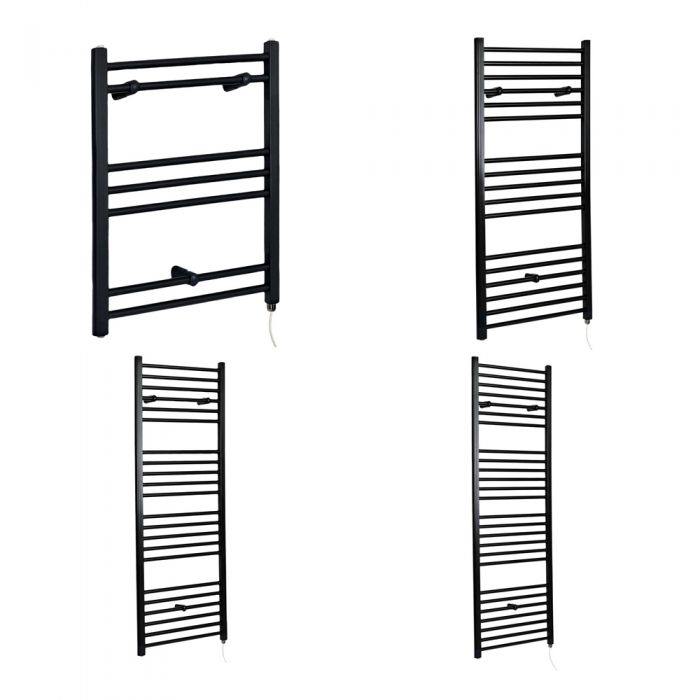 Milano Nero Electric - Straight Black Heated Towel Rail - Various Sizes and Choice of Element