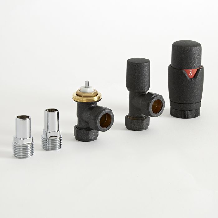 Milano - Modern Anthracite Thermostatic Angled Radiator Valve and Pipe Set