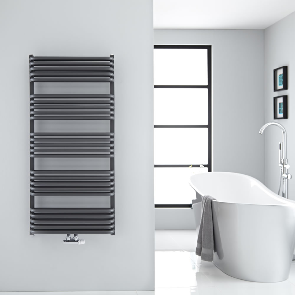 Milano Bow - Anthracite D Bar Central Connection Heated Towel Rail 1269mm x 600mm