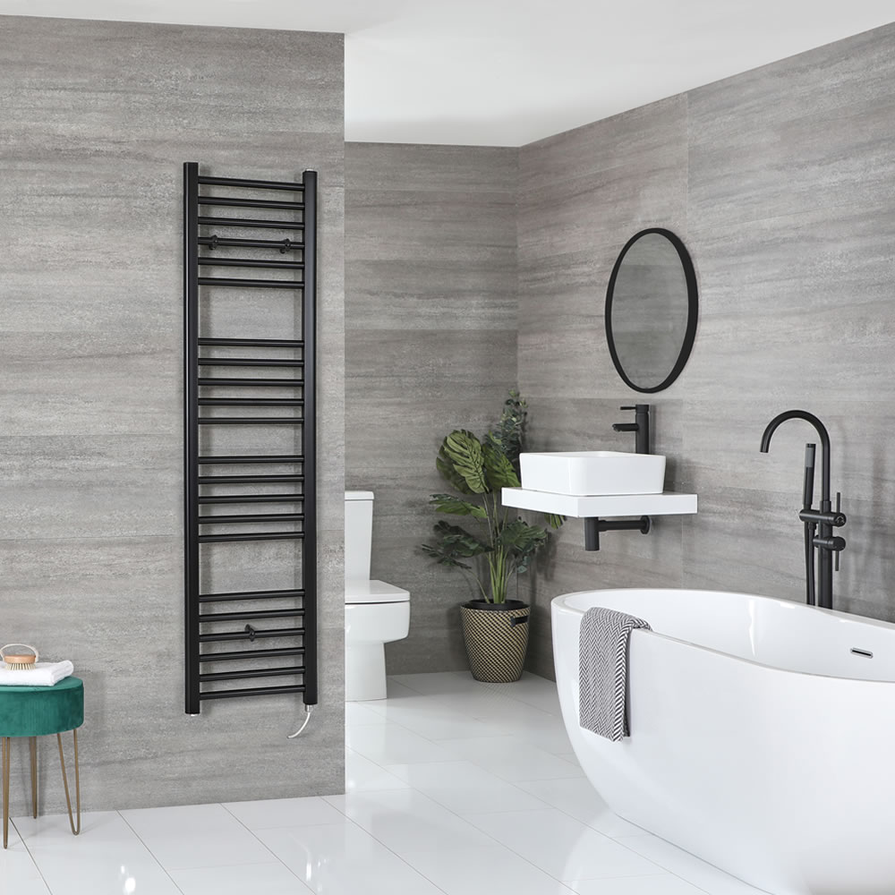 Milano Nero Electric - Flat Matt Black Heated Towel Rail 1600mm x 400mm