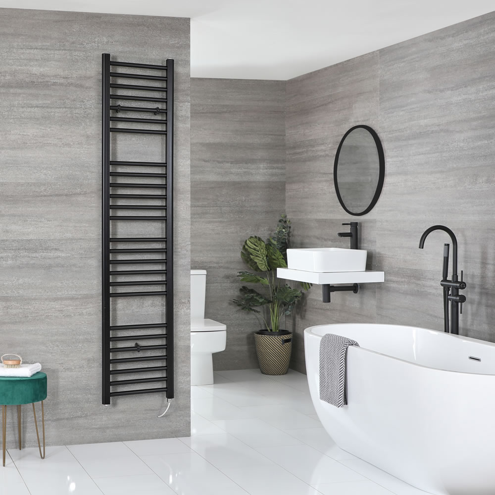 Milano Nero Electric - Flat Matt Black Heated Towel Rail 1800mm x 400mm
