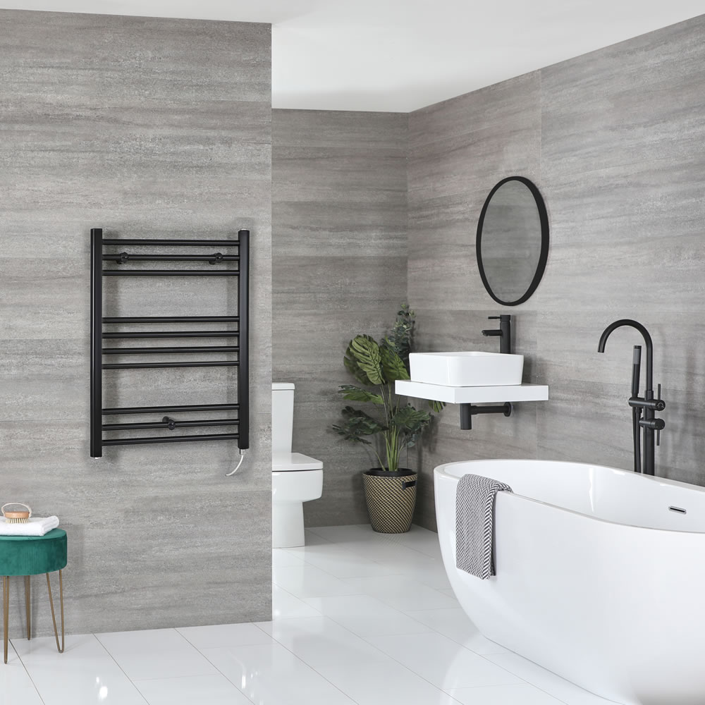 Milano Nero Electric - Flat Matt Black Heated Towel Rail 800mm x 500mm