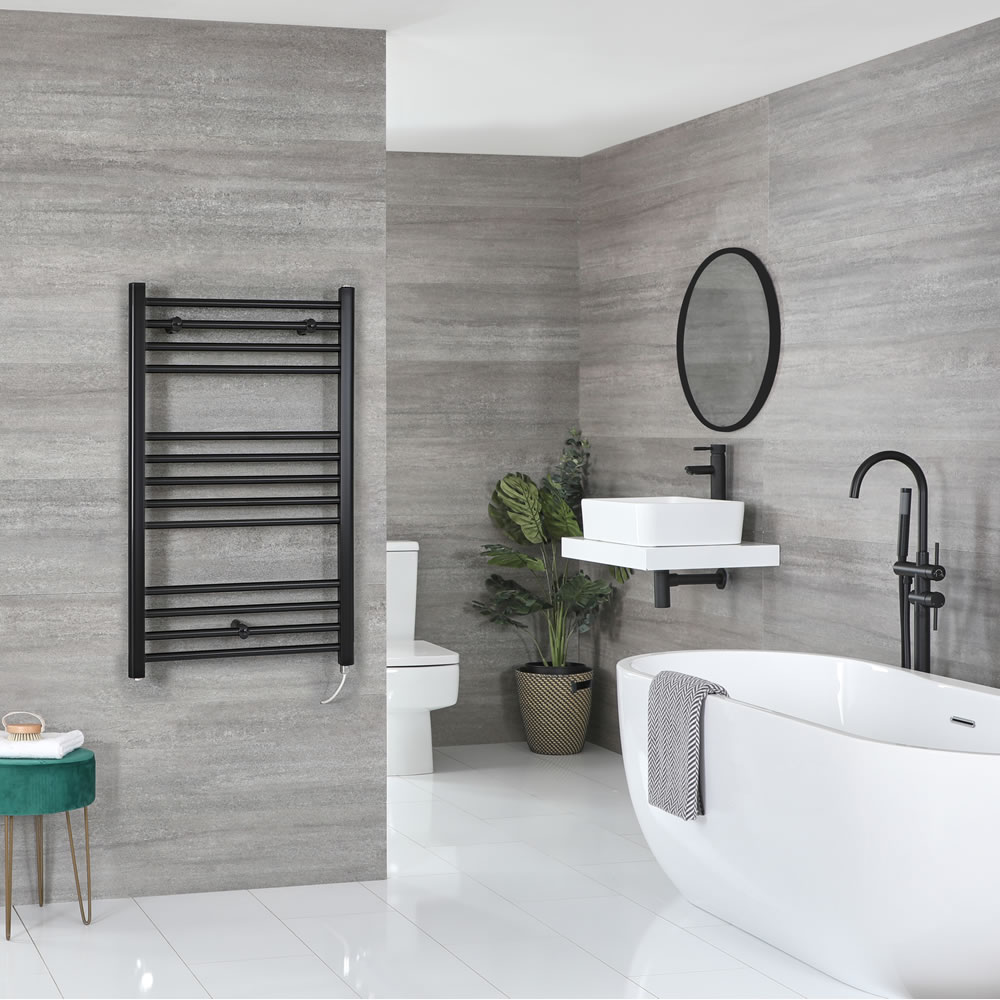 Milano Nero Electric - Flat Matt Black Heated Towel Rail 1000mm x 600mm