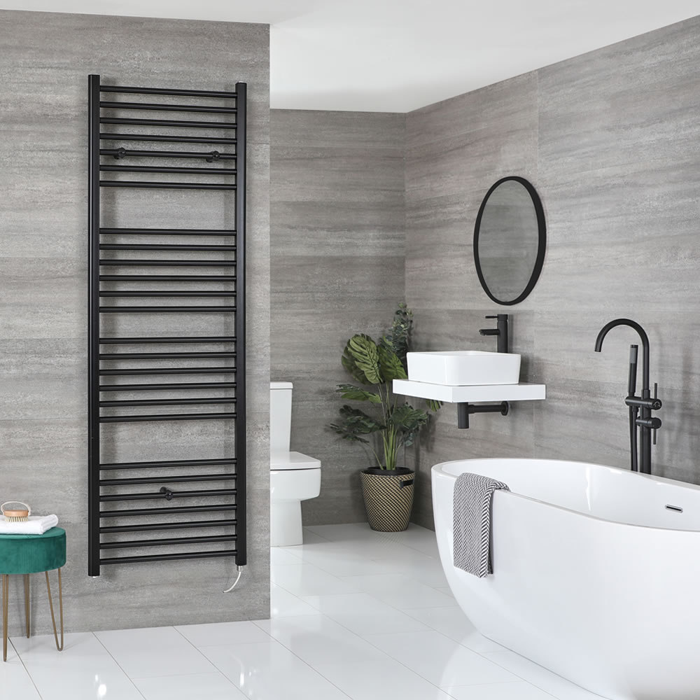 Milano Nero Electric - Flat Matt Black Heated Towel Rail 1800mm x 600mm